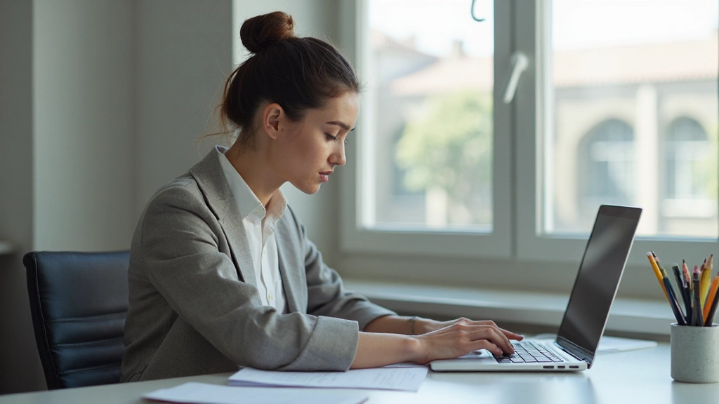Profissional focado trabalhando em ambiente de escritório moderno com laptop e anotações, luz natural