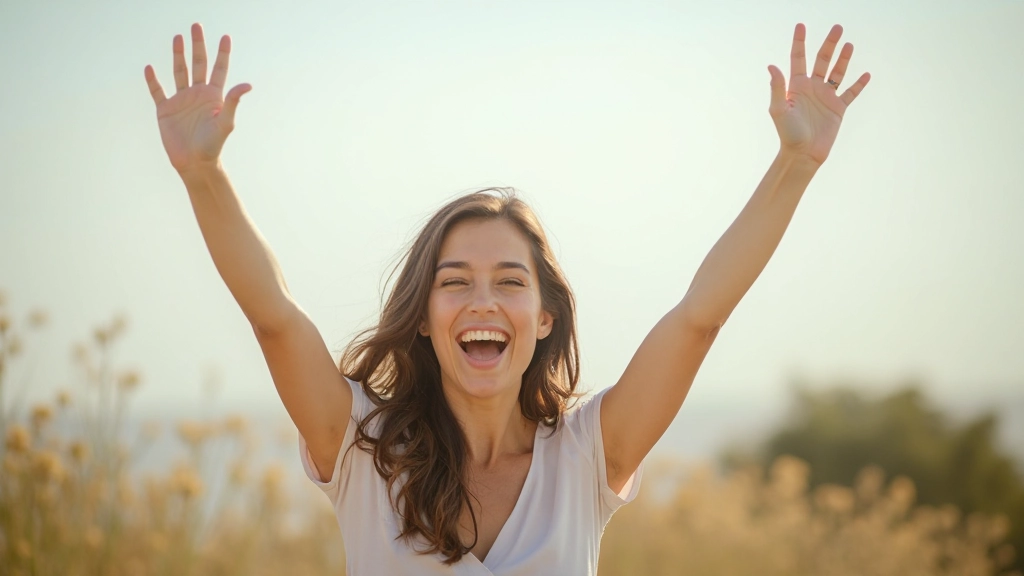 Pessoa celebrando sucesso pessoal com os braços erguidos em ambiente ao ar livre luminoso
