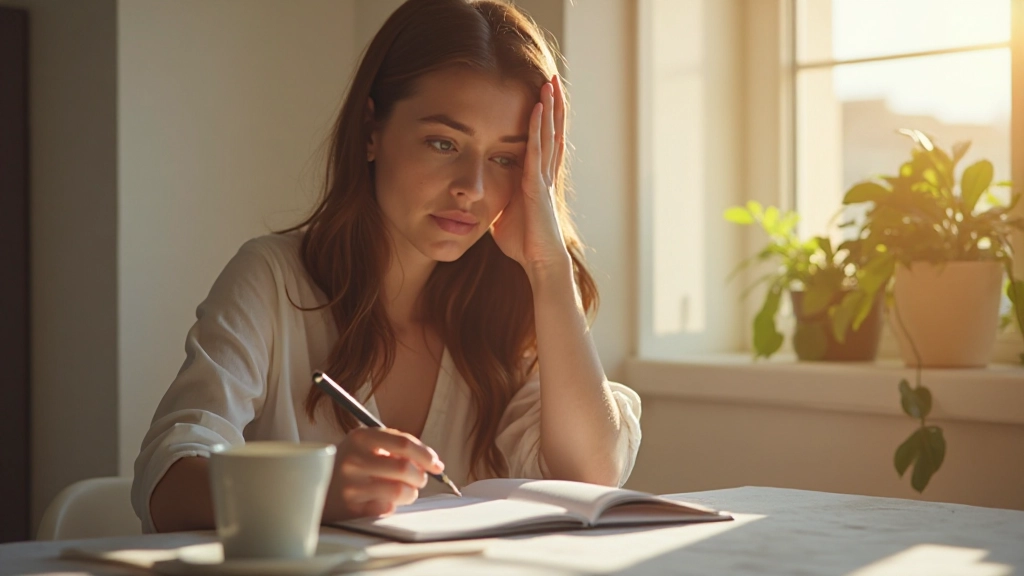 Caderno de planejamento com caneta e xícara de café em mesa de trabalho